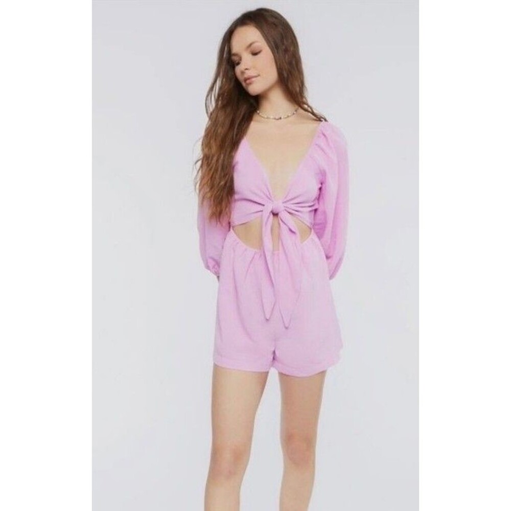Forever 21 Shorts Romper Pink Purple Tie Front Puff sleeve